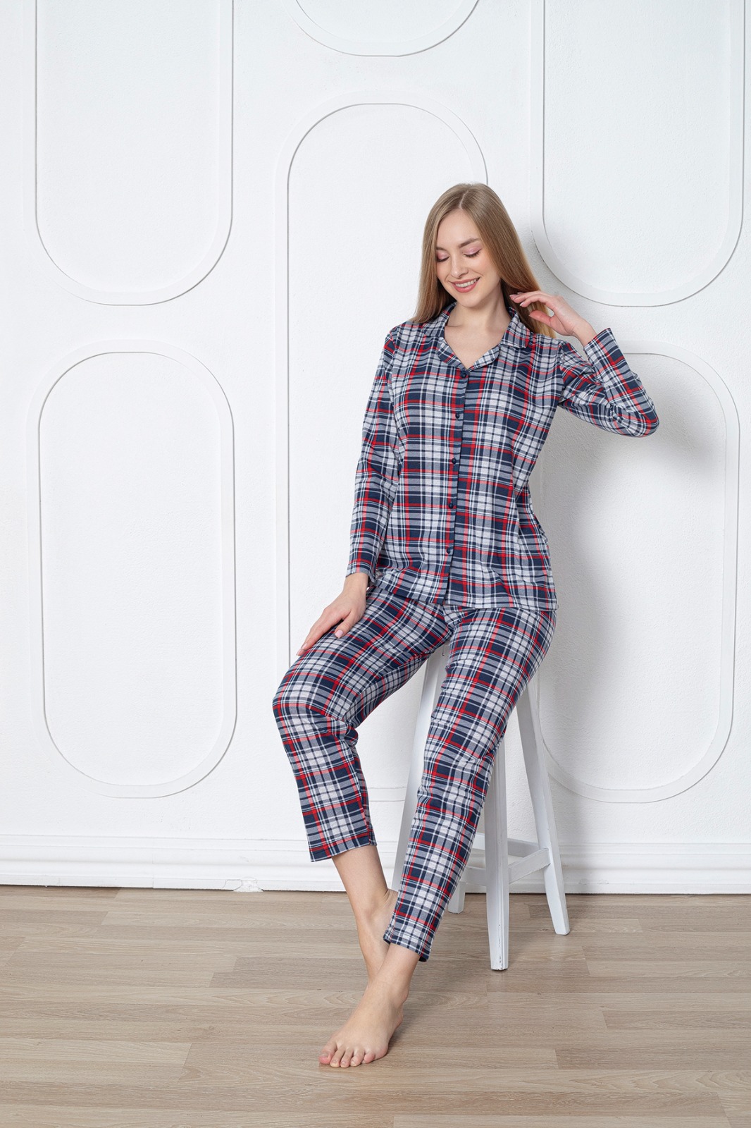 Kadın Boydan Düğmeli Ekose Pijama Takım