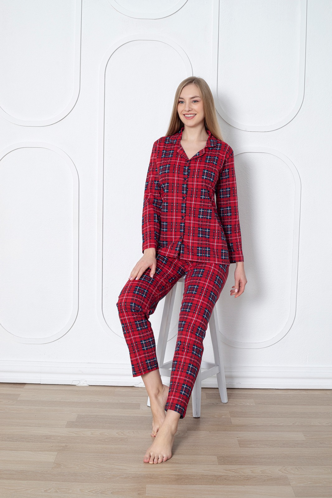 Kadın Boydan Düğmeli Ekose Pijama Takım